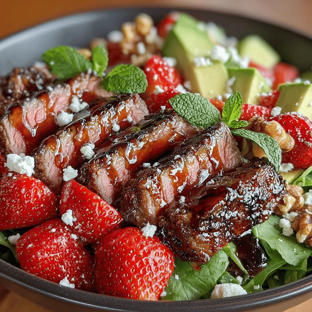 Seasoning is a crucial step in cooking any meat, and it plays an important role in enhancing the overall flavor of your steak for the Juicy Strawberry & Beef Salad Bowl. The right amount of salt and pepper not only amplifies the natural flavors of the beef but also helps to create a splendid crust when cooked. A common mistake among home cooks is to overlook the resting period after cooking. Allowing your steak to rest for at least 5 to 10 minutes before slicing is essential; it helps retain the juices within the meat, resulting in a tender and juicy bite.
