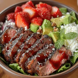 Seasoning is a crucial step in cooking any meat, and it plays an important role in enhancing the overall flavor of your steak for the Juicy Strawberry & Beef Salad Bowl. The right amount of salt and pepper not only amplifies the natural flavors of the beef but also helps to create a splendid crust when cooked. A common mistake among home cooks is to overlook the resting period after cooking. Allowing your steak to rest for at least 5 to 10 minutes before slicing is essential; it helps retain the juices within the meat, resulting in a tender and juicy bite.