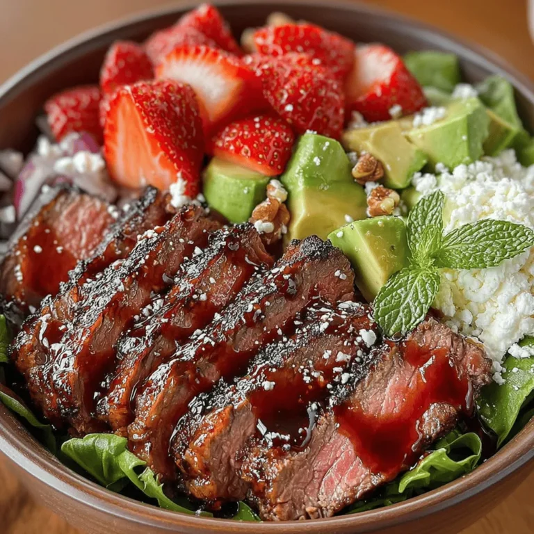 Seasoning is a crucial step in cooking any meat, and it plays an important role in enhancing the overall flavor of your steak for the Juicy Strawberry & Beef Salad Bowl. The right amount of salt and pepper not only amplifies the natural flavors of the beef but also helps to create a splendid crust when cooked. A common mistake among home cooks is to overlook the resting period after cooking. Allowing your steak to rest for at least 5 to 10 minutes before slicing is essential; it helps retain the juices within the meat, resulting in a tender and juicy bite.