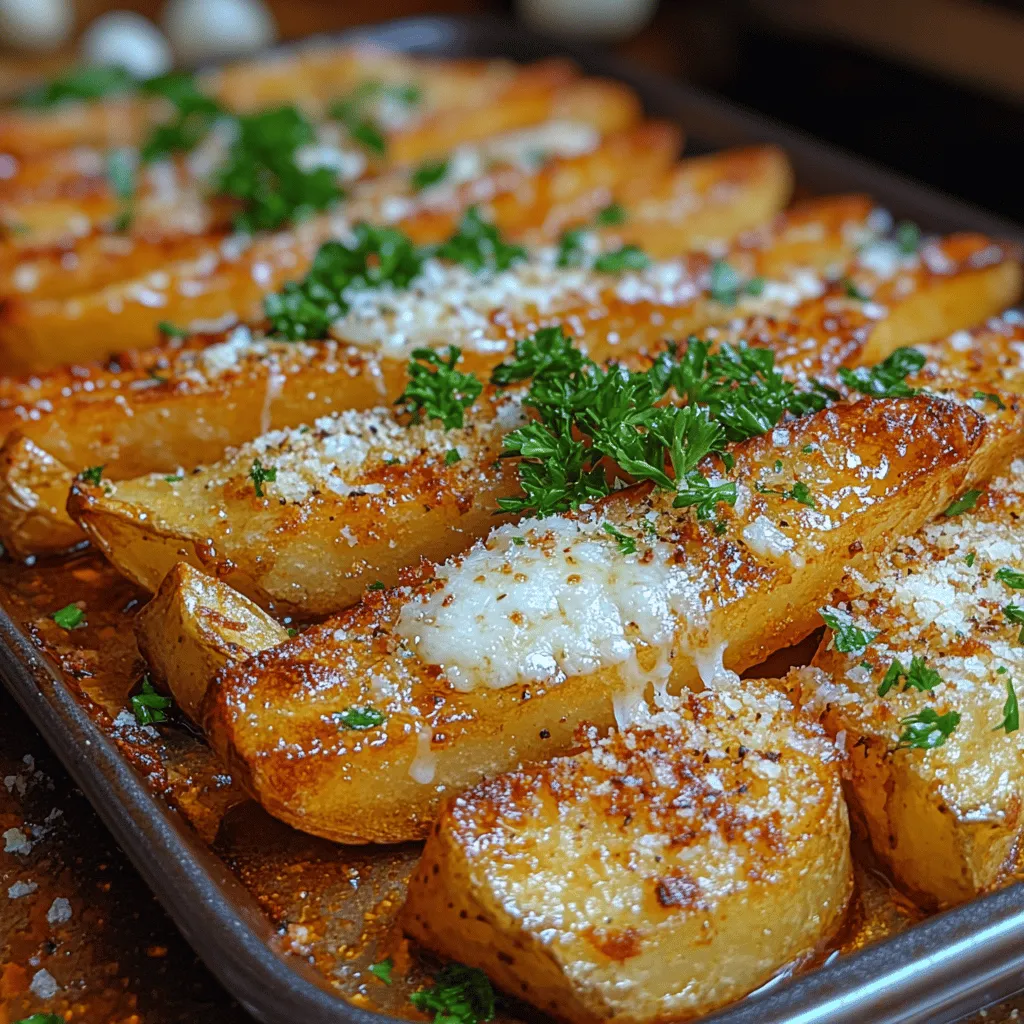 - <strong>4 large russet potatoes</strong>: The heart of the dish, russet potatoes are starchy and perfect for achieving that crispy texture. Their high starch content allows for a fluffy interior, which contrasts beautifully with the crispy exterior.” /></p>
</p>
<h2>Preparing the Potatoes</h2>
</p>
<p>To kick off your crispy garlic Parmesan fries, start by giving your potatoes a thorough wash to remove any dirt. This ensures a clean surface for cooking. Once washed, cut the potatoes into evenly sized fries, aiming for about 1/4 to 1/2 inch thick. Consistent sizing is crucial, as it allows for even cooking. If some fries are thicker than others, they won’t cook uniformly, leading to a mix of soggy and crispy fries.</p>
</p>
<p>For those who crave extra crispiness, soaking the fries in cold water for at least 30 minutes is a game-changer. This crucial step helps remove excess starch from the potatoes, which can lead to soggy fries instead of the crispy texture you’re aiming for. After soaking, drain the fries and pat them dry thoroughly with a clean kitchen towel or paper towels to remove any excess moisture.</p>
</p>
<h2>Seasoning the Fries</h2>
</p>
<p>With your fries prepared, it’s time to infuse them with flavor. In a large mixing bowl, toss the dried fries with a generous drizzle of olive oil. This not only helps in crisping up the fries but also contributes to the flavor. Next, add in minced garlic, garlic powder, onion powder, smoked paprika, salt, and pepper. Make sure each fry is well-coated in this delicious seasoning mix.</p>
</p>
<p>The combination of fresh garlic and garlic powder enhances the overall garlic flavor, while the smoked paprika adds a subtle smokiness that pairs perfectly with the Parmesan. Adjust the level of salt and pepper according to your taste preference, but remember that the Parmesan cheese will also contribute to the saltiness.</p>
</p>
<h2>Baking the Fries</h2>
</p>
<p>Now it’s time to transform your seasoned fries into golden, crispy perfection. Spread the fries in a single layer on a baking sheet lined with parchment paper. Avoid crowding the fries, as this can lead to steaming rather than achieving that desired crispiness. If necessary, use two baking sheets to ensure they have plenty of room to breathe.</p>
</p>
<p>Place the baking sheet in a preheated oven at 425°F (220°C) and bake the fries for about 30-35 minutes. Flip the fries halfway through the cooking time to ensure even browning. Keep an eye on them during the last few minutes of baking; they should turn wonderfully golden brown and crispy. The aroma of garlic and paprika wafting from the oven will surely whet your appetite!</p>
</p>
<h2>Adding the Finishing Touches</h2>
</p>
<p>As soon as the fries come out of the oven, sprinkle the freshly grated Parmesan cheese over the hot fries. The residual heat will help the cheese melt slightly, creating a delightful cheesy coating that enhances the overall flavor and texture. For a more decadent experience, feel free to add more cheese than the recipe calls for.</p>
</p>
<p>Transfer the fries to a serving dish and garnish with a sprinkle of fresh parsley for a vibrant touch. The parsley not only adds color but also a hint of freshness that balances the richness of the fries. Serve them immediately while they’re hot and crispy.</p>
</p>
<h2>Tips & Tricks for Perfect Fries</h2>
</p>
<p>– <strong>Soak for Crispiness</strong>: For the crispiest fries, always soak them in cold water before baking. If you have time, try soaking them overnight in the refrigerator for even better results. This longer soak can significantly improve the texture of the fries.</p>
</p>
<p>– <strong>Experiment with Seasonings</strong>: Don’t hesitate to get creative with different seasonings! Adding cayenne pepper will give your fries a spicy kick, while Italian herbs like oregano or basil can introduce a fresh flavor twist.</p>
</p>
<p>– <strong>Enhance the Garlic Flavor</strong>: If you prefer an intense garlic flavor, consider roasting whole garlic cloves in the oven until golden. Mash them into a paste and toss this with the fries for a deeper, more complex garlic taste.</p>
</p>
<h2>Delicious Variations to Try</h2>
</p>
<p>While the classic Crispy Garlic Parmesan Fries are a crowd favorite, there are numerous fun variations to explore that can elevate your fry game.</p>
</p>
<p>– <strong>Cheesy Loaded Fries</strong>: For a heartier option, top your fries with cooked bacon bits, sliced scallions, and an extra layer of melted cheese. This loaded experience will satisfy any comfort food craving.</p>
</p>
<p>– <strong>Buffalo Garlic Parmesan Fries</strong>: If you’re in the mood for something spicy, toss your baked fries in buffalo sauce before adding the Parmesan. This tangy twist will give your fries an exciting kick that pairs beautifully with the garlic and cheese.</p>
</p>
<p>– <strong>Herbed Fries</strong>: For a fragrant twist, mix fresh herbs like rosemary or thyme into your seasoning blend. The aromatic qualities of the herbs will enhance the overall flavor profile of your fries.</p>
</p>
<h2>Serving Suggestions</h2>
</p>
<p>These crispy garlic Parmesan fries are incredibly versatile and can complement a variety of dishes. Serve them alongside juicy burgers, grilled chicken, or crispy fish for a satisfying meal. They also make a perfect snack for game day or movie night, served with a side of your favorite dipping sauce.</p>
</p>
<p>Consider pairing them with homemade garlic aioli or a zesty ranch dressing to bring a creaminess that complements the crunchy fries. For a more Mediterranean flair, a side of tzatziki sauce would also work beautifully, providing a refreshing contrast to the warm, cheesy fries.</p>
</p>
<h2>Conclusion</h2>
</p>
<p>Crispy garlic Parmesan fries are not just an ordinary side dish; they are a delightful culinary experience that combines the perfect balance of flavors and textures. With the right preparation, seasoning, and baking techniques, you can create fries that are irresistibly crispy on the outside and fluffy on the inside.</p>
</p>
<p>Whether you enjoy them as a side dish to your favorite meal, a snack for entertaining, or even as a meal on their own, these fries are sure to please any palate. Don’t hesitate to experiment with variations and serving suggestions to make this recipe your own. Time to gather your ingredients and get cooking – your taste buds will thank you!</p>
</div>
