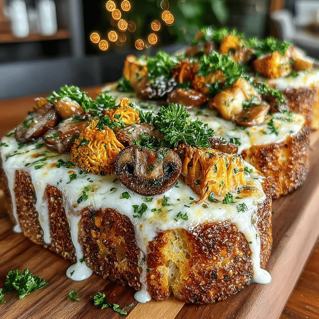 Golden Roasted Mushroom Alfredo Toasts are a culinary delight that brings together the rich flavors of sautéed mushrooms, a creamy Alfredo sauce, and crispy rustic bread. This dish is more than just an appetizer; it can serve as a light meal or a gourmet snack that satisfies the palate without overwhelming it. The combination of earthy mushrooms and velvety sauce atop crunchy bread creates a harmonious blend of textures and flavors that is both comforting and sophisticated. Whether you're hosting a dinner party or simply indulging in a cozy night in, these toasts elevate any occasion with a touch of elegance.