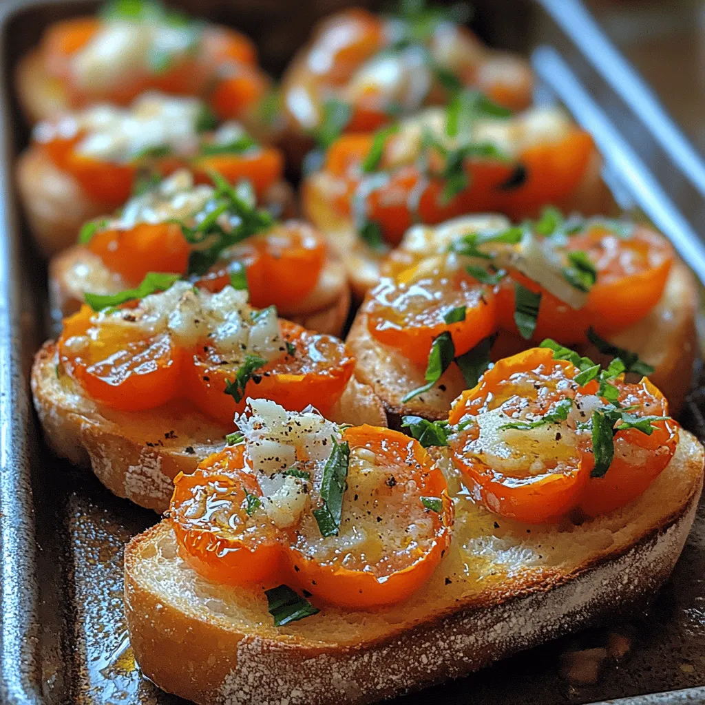 <strong>Introduction</strong>” /></p>
</p>
<h2>Preparing the Baguette</h2>
</p>
<h3>Tips for Selecting the Right Type of Baguette</h3>
<p>When it comes to creating the perfect bruschetta, the choice of bread is crucial. A traditional French baguette is an excellent option, but not all baguettes are created equal. Here are some tips for selecting the right type:</p>
</p>
<p>– <strong>Freshness</strong>: Always choose a fresh baguette from a local bakery if possible. Fresh bread has a better texture and flavor, making your bruschetta more enjoyable.</p>
<p>– <strong>Crust</strong>: Look for a baguette with a golden-brown crust that is crispy but not overly hard. A well-baked baguette will enhance the crunchiness of your bruschetta while providing a soft, airy inside.</p>
<p>– <strong>Size</strong>: Opt for a baguette that is about 12 to 16 inches long. This size allows for the ideal slicing, giving you pieces that are easy to handle and perfect for topping.</p>
<p>– <strong>Artisan vs. Store-Bought</strong>: If available, choose an artisan baguette. Artisan breads are often made with high-quality ingredients and traditional methods, resulting in superior flavor and texture.</p>
</p>
<h3>The Toasting Process: Achieving the Perfect Crunch</h3>
<p>Toasting the baguette slices is a critical step in making bruschetta. The goal is to achieve a golden-brown exterior while maintaining a soft interior. Follow these steps for perfectly toasted baguette slices:</p>
</p>
<p>1. <strong>Preheat the Oven</strong>: Start by preheating your oven to 400°F (200°C). A higher temperature will ensure that the bread toasts quickly, preventing it from becoming too dry.</p>
</p>
<p>2. <strong>Slice the Baguette</strong>: Cut the baguette into slices approximately 1/2 inch thick. This thickness is ideal for holding the toppings without becoming soggy.</p>
</p>
<p>3. <strong>Drizzle with Olive Oil</strong>: Arrange the slices on a baking sheet. Lightly brush each slice with high-quality olive oil. This not only adds flavor but also helps achieve that crispy texture.</p>
</p>
<p>4. <strong>Toast in the Oven</strong>: Place the baking sheet in the preheated oven and toast for about 5-7 minutes. Keep an eye on them to prevent burning. You want them to be golden brown and slightly crisp.</p>
</p>
<p>5. <strong>Flip for Even toasting</strong>: For extra crunch, flip the slices halfway through the toasting time. This ensures both sides get evenly toasted and enhances the texture.</p>
</p>
<p>6. <strong>Cool Before Assembling</strong>: Once toasted, let the baguette slices cool slightly before adding the toppings. This helps maintain their crunchiness and prevents the toppings from making them soggy.</p>
</p>
<h2>Assembling the Bruschetta</h2>
</p>
<h3>Step-by-Step Guide to Topping the Toasted Baguette Slices</h3>
<p>Now that you have prepared your baguette, it’s time to assemble the bruschetta. Follow these steps for a delicious and visually appealing presentation:</p>
</p>
<p>1. <strong>Start with the Tomatoes</strong>: Take your roasted cherry tomatoes and garlic mixture from the oven. Allow it to cool for a few minutes. Using a fork, gently mash the tomatoes to release some of their juices while keeping a few whole for texture.</p>
</p>
<p>2. <strong>Add Fresh Basil</strong>: Chop fresh basil leaves and add them to the tomato mixture. The aromatic basil adds a fresh flavor that balances the sweetness of the roasted tomatoes.</p>
</p>
<p>3. <strong>Season the Mixture</strong>: Taste the tomato and basil mixture and adjust seasoning if necessary. Add a pinch of salt, freshly cracked black pepper, and a drizzle of balsamic vinegar to elevate the flavors.</p>
</p>
<p>4. <strong>Top the Baguette</strong>: Spoon the tomato mixture generously onto each toasted baguette slice. Make sure to distribute the mixture evenly to ensure that every bite is flavorful.</p>
</p>
<p>5. <strong>Finish with Olive Oil</strong>: Drizzle a little extra virgin olive oil over the assembled bruschetta for added richness and a glossy finish.</p>
</p>
<h3>Discussing Presentation: The Visual Appeal of the Dish</h3>
<p>Presentation plays a significant role in making your bruschetta visually appealing. Here are some tips to enhance the aesthetics:</p>
</p>
<p>– <strong>Serving Platter</strong>: Use a rustic wooden cutting board or a colorful ceramic platter to serve your bruschetta. The contrast between the vibrant red tomatoes and the earthy tones of the wood or ceramic adds a beautiful touch.</p>
<p>– <strong>Garnishing</strong>: Consider garnishing the bruschetta with additional basil leaves or a sprinkle of grated Parmesan cheese for added visual appeal.</p>
<p>– <strong>Color Contrast</strong>: Incorporate different toppings, such as olives or a drizzle of pesto, to create a colorful arrangement. The variety will enhance both the look and taste of the dish.</p>
</p>
<h3>Options for Customization: Adding Other Toppings or Variations</h3>
<p>While the classic roasted tomato and garlic bruschetta is delightful on its own, feel free to get creative with toppings. Here are a few suggestions for customization:</p>
</p>
<p>– <strong>Cheese</strong>: Add a layer of creamy goat cheese or ricotta spread on the toasted baguette before topping with the tomato mixture for added richness.</p>
<p>– <strong>Vegetables</strong>: Incorporate roasted bell peppers, artichokes, or even avocado for a fresh twist.</p>
<p>– <strong>Proteins</strong>: For a heartier option, add slices of prosciutto or cooked shrimp on top of the bruschetta.</p>
<p>– <strong>Spices</strong>: Experiment with spices such as chili flakes for a hint of heat or lemon zest for a refreshing citrus note.</p>
</p>
<h2>Serving Suggestions</h2>
</p>
<h3>Ideas for Serving Bruschetta: As an Appetizer or Party Snack</h3>
<p>Bruschetta is incredibly versatile and can be served in various settings. Here are some ideas for how to present your creation:</p>
</p>
<p>– <strong>Appetizer</strong>: Serve bruschetta as a starter at your dinner parties. Its vibrant colors and delightful flavors will whet your guests’ appetites.</p>
<p>– <strong>Buffet Style</strong>: Set up a bruschetta bar at gatherings where guests can assemble their toppings. This interactive approach adds a fun element to the meal.</p>
<p>– <strong>Picnics</strong>: Pack the toasted baguette slices and the topping mixture separately for a delightful picnic snack. Assemble them on-site to maintain the crispness of the bread.</p>
</p>
<h3>Pairing Options: Drinks That Complement the Flavors of the Bruschetta</h3>
<p>Bruschetta pairs wonderfully with various beverages. Consider these complementary options:</p>
</p>
<p>– <strong>Wine</strong>: A crisp white wine, such as Sauvignon Blanc or Pinot Grigio, pairs beautifully with the fresh flavors of the bruschetta. If you prefer red, a light-bodied Chianti can also work well.</p>
<p>– <strong>Sparkling Water</strong>: For a non-alcoholic option, serve bruschetta with sparkling water infused with lemon or cucumber for a refreshing touch.</p>
<p>– <strong>Cocktails</strong>: A light, herb-infused cocktail, such as a basil mojito, can enhance the flavors of the bruschetta while adding a festive flair.</p>
</p>
<h3>Seasonal Occasions for Serving This Dish</h3>
<p>Bruschetta is a dish that shines in any season. However, its fresh ingredients make it particularly suitable for specific occasions:</p>
</p>
<p>– <strong>Summer Gatherings</strong>: Make the most of summer tomatoes and fresh basil during backyard barbecues or outdoor parties.</p>
<p>– <strong>Holidays</strong>: Serve bruschetta as an elegant appetizer at holiday gatherings, where its vibrant colors can brighten up your table.</p>
<p>– <strong>Game Day</strong>: Impress your friends during game day with a platter of bruschetta, perfect for casual snacking while cheering for your team.</p>
</p>
<h2>Culinary Tips for Success</h2>
</p>
<h3>Importance of Using High-Quality Olive Oil</h3>
<p>The quality of olive oil can significantly impact the flavor of your bruschetta. Here’s why you should invest in good olive oil:</p>
</p>
<p>– <strong>Flavor</strong>: High-quality extra virgin olive oil has a rich, fruity flavor that elevates your dish. It enhances the taste of the tomatoes and adds a delightful depth.</p>
<p>– <strong>Health Benefits</strong>: Olive oil is packed with healthy fats and antioxidants, making it a nutritious choice for drizzling over your bruschetta.</p>
<p>– <strong>Freshness</strong>: Look for olive oils labeled as “first cold-pressed” and check the harvest date. Fresh olive oil will have a more robust flavor.</p>
</p>
<h3>Tips for Selecting Ripe Cherry Tomatoes</h3>
<p>Choosing the right tomatoes is essential for the success of your bruschetta. Here are some tips for selecting ripe cherry tomatoes:</p>
</p>
<p>– <strong>Color</strong>: Look for tomatoes that are vibrant and evenly colored. Avoid any that have green spots or dull skin.</p>
<p>– <strong>Firmness</strong>: Gently squeeze the tomatoes; they should feel firm but yield slightly to pressure. Overly soft tomatoes may be overripe.</p>
<p>– <strong>Smell</strong>: Ripe tomatoes often have a sweet, fragrant aroma. If they smell like tomatoes, they’re likely at their peak ripeness.</p>
</p>
<h3>Adjusting Flavors: How to Personalize the Recipe to Taste</h3>
<p>One of the joys of cooking is the ability to customize recipes to suit your preferences. Here’s how to adjust the flavors of your bruschetta:</p>
</p>
<p>– <strong>Add Heat</strong>: If you enjoy spicy food, consider adding diced jalapeños or a sprinkle of red pepper flakes to the tomato mixture.</p>
<p>– <strong>Sweetness</strong>: For a touch of sweetness, mix in diced sun-dried tomatoes or a drizzle of honey.</p>
<p>– <strong>Acidity</strong>: If you prefer a tangy flavor, incorporate a splash of red wine vinegar or additional balsamic vinegar into the tomato mixture.</p>
</p>
<h2>Conclusion</h2>
<p>The Sun-Kissed Roasted Tomato and Garlic Bruschetta is not just a simple appetizer; it embodies the essence of fresh, seasonal ingredients and the joy of sharing good food with loved ones. Its straightforward preparation method and vibrant flavors make it a perfect choice for any occasion.</p>
</p>
<p>As you experiment with this recipe, don’t hesitate to add your personal touch. Whether you choose to stick to the classic version or explore various toppings, every iteration brings a new delight. The joy of creating and sharing fresh, homemade appetizers is truly unparalleled.</p>
</p>
<p>So gather your ingredients, fire up your oven, and enjoy the art of making bruschetta. Share your variations with friends and family, and make this recipe a staple at your gatherings. The beauty of bruschetta lies not just in its taste but in the moments spent enjoying it with those you care about.</p>
</div>