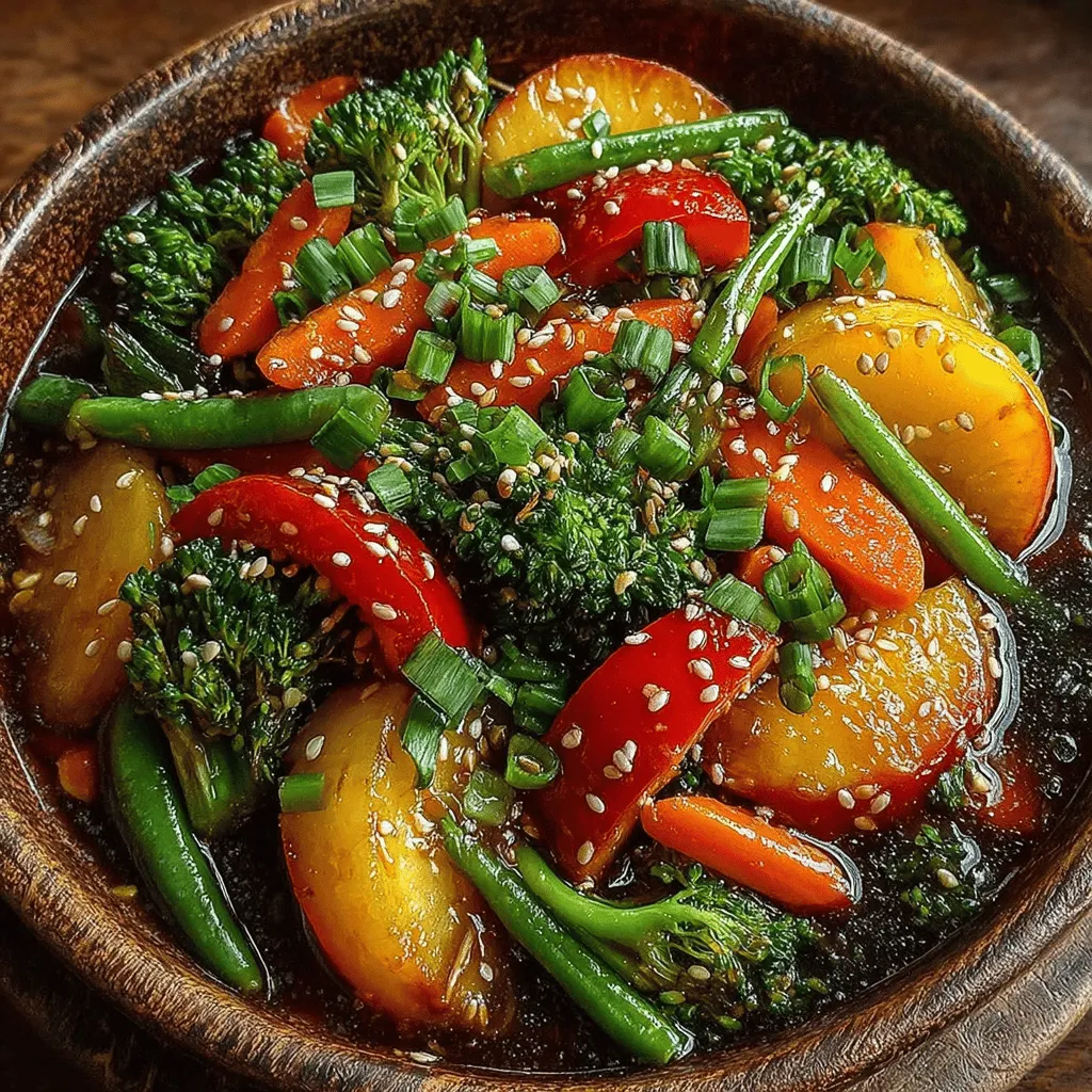 If you’re searching for a quick, nutritious meal that bursts with flavor, look no further than Sweet and Savory Peach Veggie Stir Fry. This dish masterfully combines the natural sweetness of ripe peaches with the freshness of vibrant vegetables, creating a harmonious blend that's both delightful and satisfying. Stir frying is a culinary technique that allows for rapid cooking, preserving the integrity and flavor of the ingredients while ensuring you can whip up a healthy meal in no time. This recipe celebrates seasonal produce, making it not only a feast for the palate but also a feast for the eyes with its colorful array of ingredients.