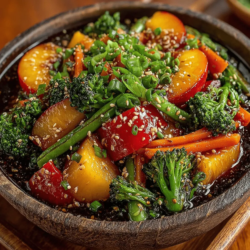 If you’re searching for a quick, nutritious meal that bursts with flavor, look no further than Sweet and Savory Peach Veggie Stir Fry. This dish masterfully combines the natural sweetness of ripe peaches with the freshness of vibrant vegetables, creating a harmonious blend that's both delightful and satisfying. Stir frying is a culinary technique that allows for rapid cooking, preserving the integrity and flavor of the ingredients while ensuring you can whip up a healthy meal in no time. This recipe celebrates seasonal produce, making it not only a feast for the palate but also a feast for the eyes with its colorful array of ingredients.