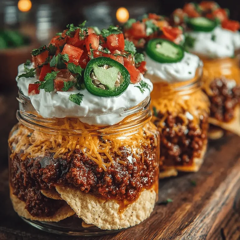 The beauty of Chili Cheese Nachos in a Jar lies in the repeated layers of ingredients, which ensure that each bite is packed with flavor and texture. Begin by spooning your chili into the jar first, ensuring a hearty base that will support the layers above. Next, add a generous layer of tortilla chips, breaking them if necessary to fit snugly within the jar. This not only helps with the texture but also ensures that every chip gets some of the chili's rich flavor.