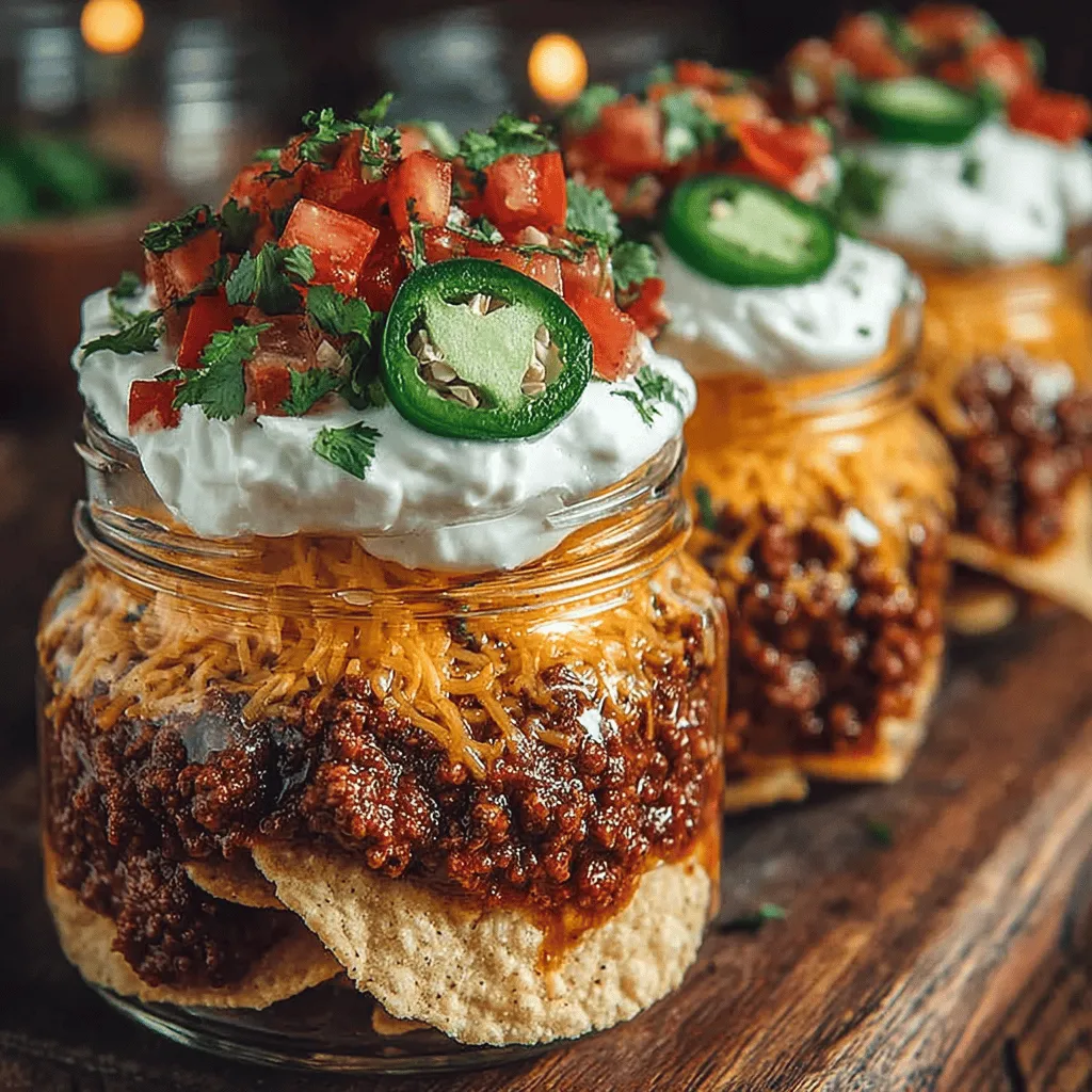 The beauty of Chili Cheese Nachos in a Jar lies in the repeated layers of ingredients, which ensure that each bite is packed with flavor and texture. Begin by spooning your chili into the jar first, ensuring a hearty base that will support the layers above. Next, add a generous layer of tortilla chips, breaking them if necessary to fit snugly within the jar. This not only helps with the texture but also ensures that every chip gets some of the chili's rich flavor.