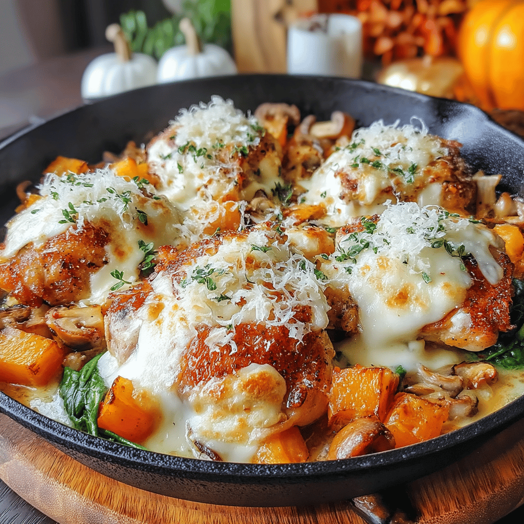 As the crisp air of fall settles in and the leaves start to change, there's nothing quite like cozying up with a comforting dish that warms both the heart and stomach. Enter the <strong>Cheesy Garlic Butter Chicken Skillet with a Fall Twist</strong>—a delightful medley of flavors that embodies the spirit of the season. This one-pan wonder is not only quick and easy to prepare, but it also combines the rich, savory notes of garlic butter with the earthy sweetness of autumn ingredients like butternut squash and sage.” /></p>
<h2>Key Ingredients</h2>
<ul>
<li><strong>Chicken Breasts</strong>: 1 lb, boneless and skinless, diced into bite-sized pieces</li>
<li><strong>Garlic</strong>: 4 cloves, minced for a rich flavor</li>
<li><strong>Butter</strong>: 4 tablespoons, unsalted, for sautéing and added richness</li>
<li><strong>Cheese</strong>: 1 cup, shredded (cheddar, mozzarella, or a blend for creaminess)</li>
<li><strong>Fall Vegetables</strong>: 1 cup butternut squash, diced; 1 cup Brussels sprouts, halved</li>
<li><strong>Chicken Broth</strong>: 1 cup, low sodium for depth of flavor</li>
<li><strong>Heavy Cream</strong>: 1/2 cup, for a creamy sauce</li>
<li><strong>Fresh Herbs</strong>: 2 tablespoons chopped (such as thyme or rosemary) for a seasonal touch</li>
<li><strong>Salt and Pepper</strong>: to taste, to enhance flavors</li>
<li><strong>Red Pepper Flakes</strong>: optional, for a hint of spice</li>
<li><strong>Olive Oil</strong>: 1 tablespoon, for cooking the chicken and veggies</li>
</ul>
<p>These ingredients come together to create a comforting, cheesy dish perfect for the fall season!</p>
<h2>Baking Process</h2>
<ol>
<li>
<p><strong>Preheat the Oven</strong>: Start by preheating your oven to 400°F (200°C). This will ensure it’s hot enough to create that delicious, cheesy topping on your chicken.</p>
</li>
<li>
<p><strong>Prepare the Chicken</strong>: Season your chicken breasts with salt, pepper, and garlic powder. This basic seasoning will enhance the dish’s overall flavor. </p>
</li>
<li>
<p><strong>Sear the Chicken</strong>: In an oven-safe skillet, heat 2 tablespoons of butter over medium-high heat. Once melted and bubbling, add the seasoned chicken breasts. Sear them for about 4-5 minutes on each side until they’re golden brown. This step adds depth of flavor and locks in moisture.</p>
</li>
<li>
<p><strong>Add Aromatics</strong>: After both sides of the chicken are browned, add minced garlic and cook for an additional minute, stirring frequently to avoid burning. The aroma will waft through your kitchen!</p>
</li>
<li>
<p><strong>Incorporate Fall Flavors</strong>: Add sliced mushrooms, diced butternut squash, and spinach to the skillet, mixing well with the chicken and garlic. This medley not only brings in fall colors but also adds a delightful sweetness from the squash and earthiness from the mushrooms.</p>
</li>
<li>
<p><strong>Pour in Cream and Cheese</strong>: Reduce the heat to medium-low, then pour in a mixture of heavy cream and shredded cheese (such as mozzarella and parmesan). Stir until the cheese melts and the sauce thickens slightly. If you desire an extra kick, add a pinch of red pepper flakes!</p>
</li>
<li>
<p><strong>Ready for Baking</strong>: Once the sauce is well-blended and bubbly, sprinkle additional cheese on top of the chicken and vegetables. </p>
</li>
<li>
<p><strong>Bake the Skillet</strong>: Transfer the skillet to the preheated oven and bake for about 15-20 minutes, or until the chicken is cooked through (internal temperature should reach 165°F or 74°C) and the cheese is bubbling and golden.</p>
</li>
<li>
<p><strong>Garnish and Serve</strong>: Once out of the oven, let the dish rest for a few minutes. Garnish with fresh parsley or thyme before serving to add a pop of color and a fresh flavor complement. Enjoy your Cheesy Garlic Butter Chicken Skillet with a lovely fall twist!</p>
</li>
</ol>
<h2>Serving Suggestions</h2>
<p>For an unforgettable dining experience with your Cheesy Garlic Butter Chicken Skillet with a Fall Twist, consider pairing the dish with the following options:</p>
<ol>
<li>
<p><strong>Savory Butternut Squash Risotto</strong>: The creamy texture of risotto complements the cheesy chicken beautifully while adding a hint of fall flavors.</p>
</li>
<li>
<p><strong>Roasted Brussels Sprouts</strong>: Toss them in olive oil, garlic, and a sprinkle of balsamic vinegar before roasting for a caramelized finish that balances the richness of the chicken.</p>
</li>
<li>
<p><strong>Cranberry Walnut Salad</strong>: A fresh salad with mixed greens, toasted walnuts, and dried cranberries drizzled with a light vinaigrette to add a touch of sweetness and crunch.</p>
</li>
<li>
<p><strong>Herbed Quinoa</strong>: Fluffy quinoa tossed with fresh herbs such as parsley or thyme can serve as a wonderful side, soaking up the delicious garlic butter sauce.</p>
</li>
<li>
<p><strong>Garlic Mashed Potatoes</strong>: Creamy, buttery mashed potatoes make for a comforting side that pairs perfectly with the cheesy elements of the dish.</p>
</li>
<li>
<p><strong>Crusty Bread</strong>: Serve with warm, crusty bread or dinner rolls to mop up any remaining sauce—because you won’t want to waste a single drop!</p>
</li>
<li>
<p><strong>Pumpkin Soup</strong>: For a complete autumnal meal, start with a warm bowl of pumpkin soup seasoned with nutmeg and served with a dollop of cream.</p>
</li>
<li>
<p><strong>A Glass of White Wine</strong>: Pair your meal with a chilled glass of crisp Chardonnay or Sauvignon Blanc to enhance the savory flavors while offering a refreshing contrast.</p>
</li>
</ol>
<p>These serving suggestions not only elevate your meal but also embrace the delicious tastes of fall, making for a memorable dining occasion. Enjoy!</p>
<h2>Conclusion</h2>
<p>This Cheesy Garlic Butter Chicken Skillet with a Fall Twist is not just a meal; it’s an experience that warms the soul and delights the senses. The combination of tender chicken, aromatic garlic, and rich cheese creates a comforting dish that beckons you to gather around the table with loved ones. As the leaves change colors outside, this skillet meal captures the essence of the season with hints of earthy spices and the cozy flavors of fall.</p>
<p>Whether you’re hosting a festive dinner or simply treating yourself to a delicious weeknight meal, this recipe is sure to impress and satisfy. Don’t forget to pair it with your favorite seasonal sides—like roasted Brussels sprouts or a crisp apple salad—to fully embrace the beauty of autumn.</p>
<p>Give this recipe a try, and let the cheesy, buttery flavors wrap you in a warm embrace, making it a comforting staple in your culinary repertoire! Happy cooking!</p>
<div id=